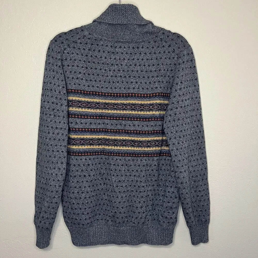 Levi's Pullover Sweater Men Size M Gray Fair Isle Birds Eye Shawl Neck Rib Knit
